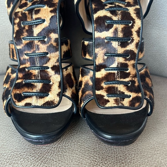 Christian loub Keny 120 Leopard Calf Hair Brown Black Gladiator Peep Toe 38 1/2 - Picture 6 of 16